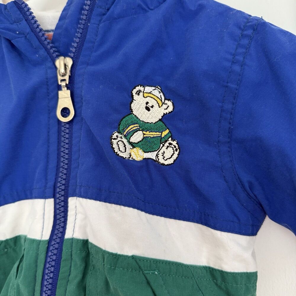 Weather Tamer Jacket Hooded Bear Embroidered Blue Green 6/9M Zip Vintage